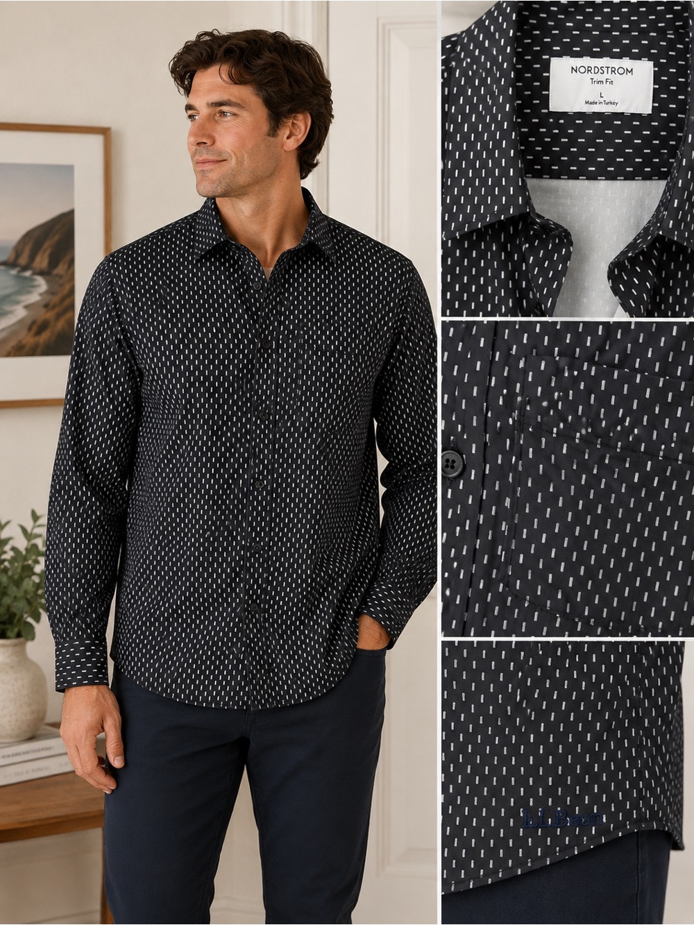 Nordstrom trim fit Black Button-Down Shirt with White Dash Pattern large